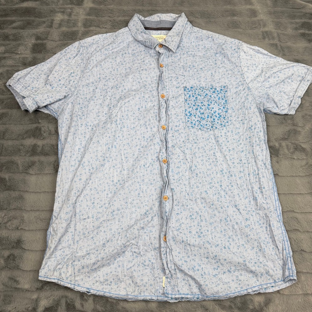 Free Planet Mens XL Blue Floral Short Sleeve Cotton Button Down Shirt Slub Knit